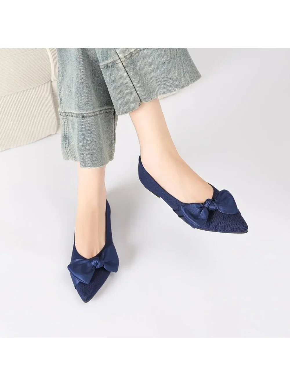 Women's Navy Mesh Pointed Toe Ballet Slip On Comfortable  Flats with Bow Shoes